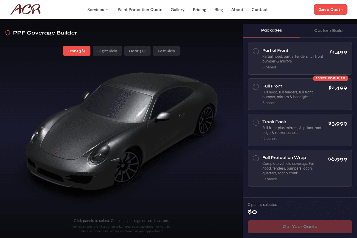 ACR Detailing PPF Coverage Builder — interactive vehicle configurator